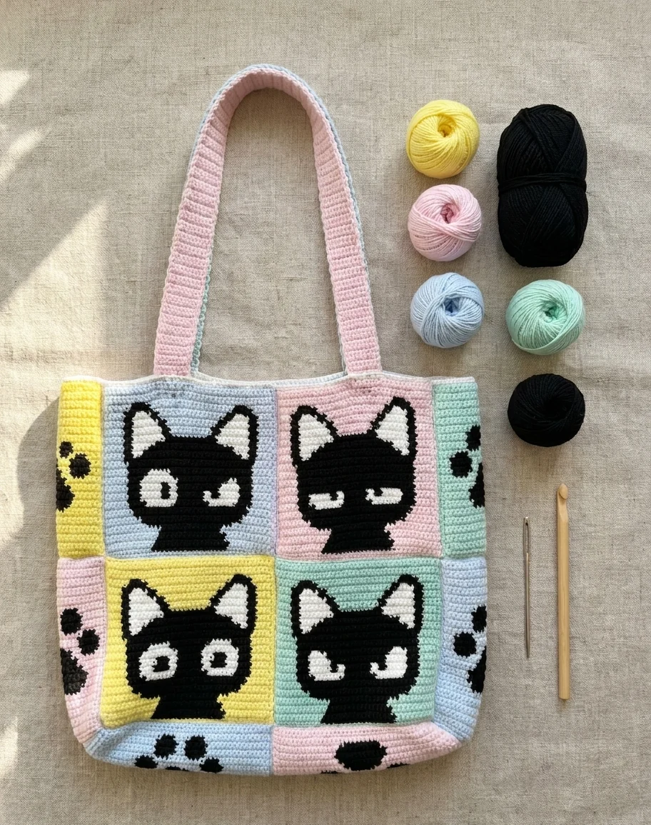 Autre angle du sac patchwork chat crochet aux anses roses