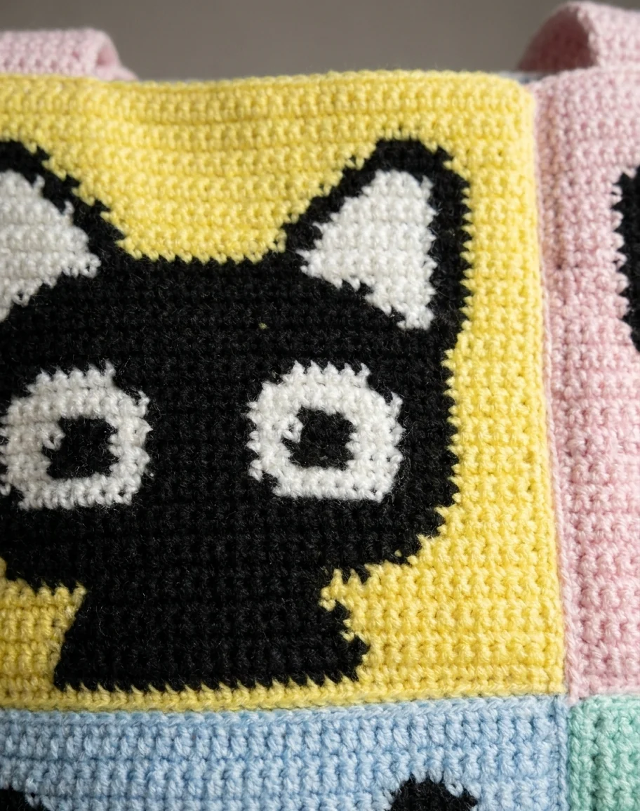 Détail des motifs de chats noirs et des panneaux pastel