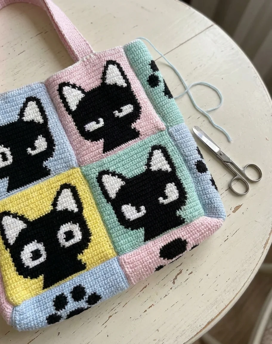 sac patchwork chat crochet présenté dans une ambiance naturelle
