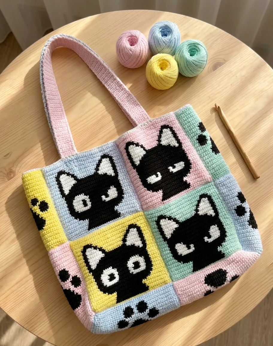 sac patchwork chat crochet multicolore avec quatre motifs de chats noirs