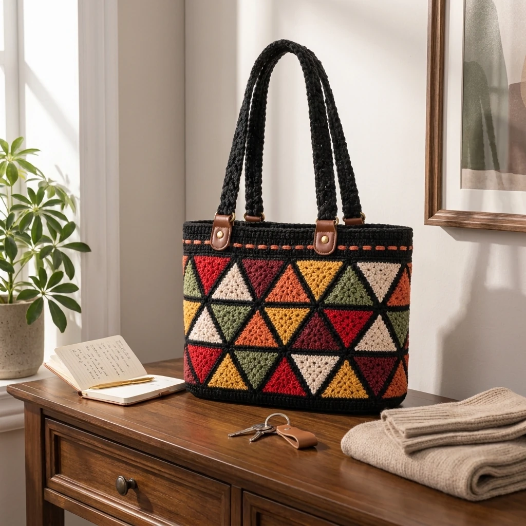 Sac totebag à triangles colorés porté dans un intérieur chaleureux