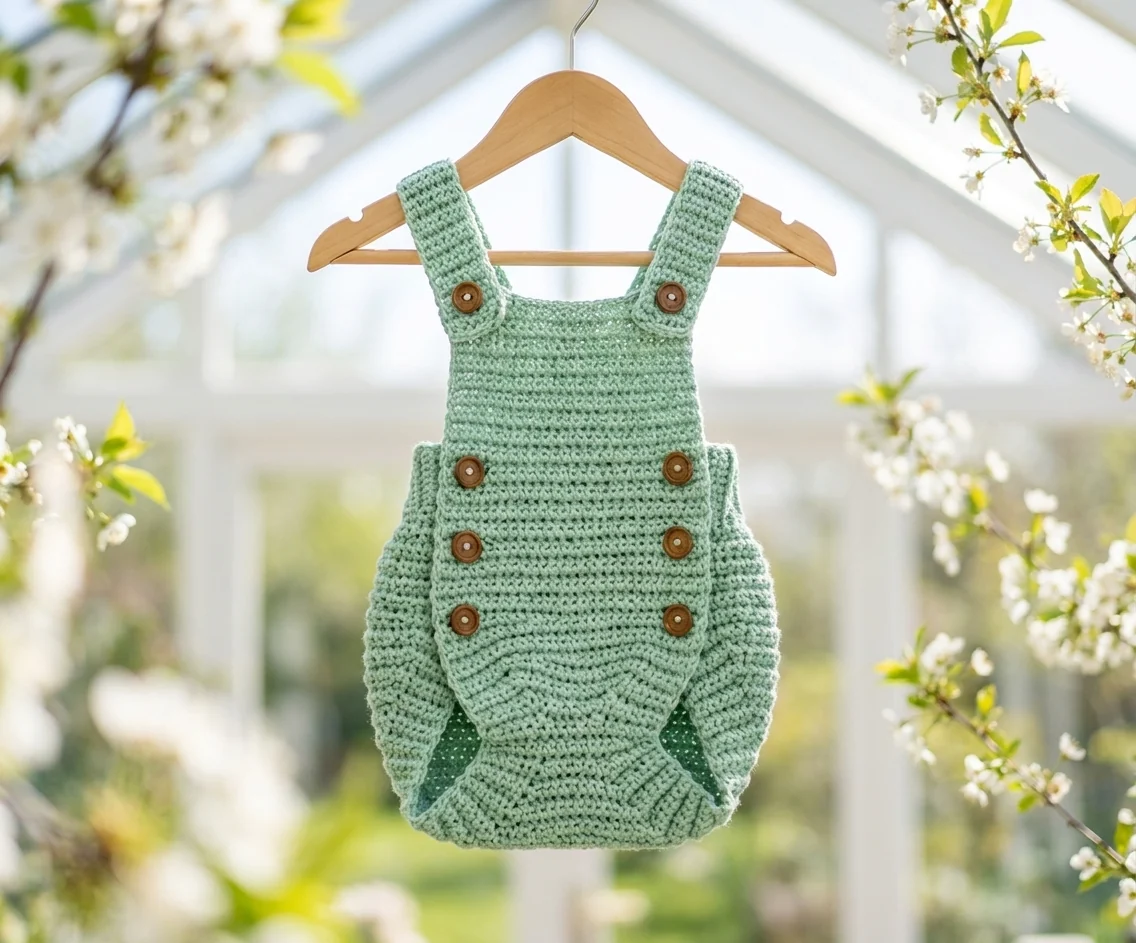 barboteuse verte au crochet vert menthe photographié en entier