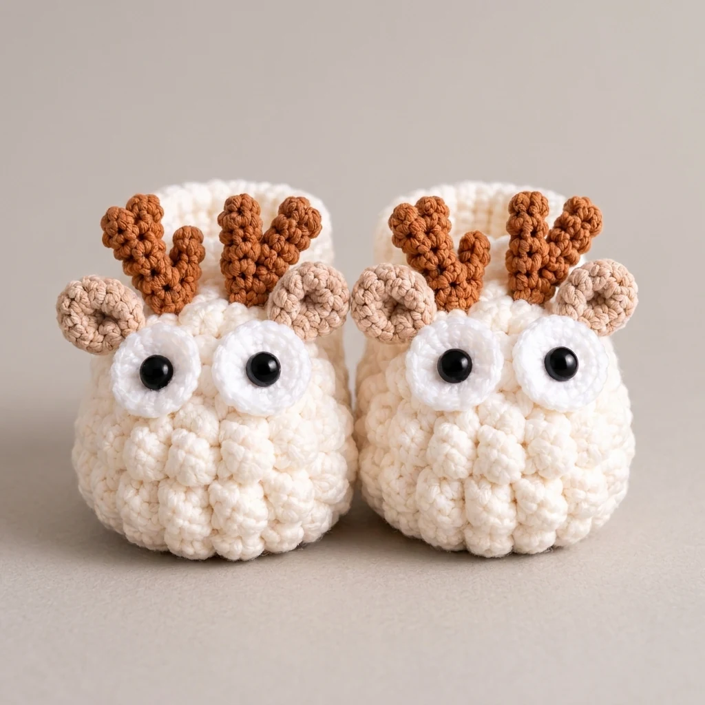 Détail des bois, oreilles et yeux des chaussons renne au crochet