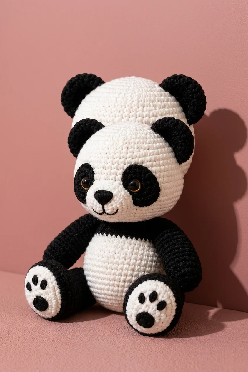 Autre angle du petit panda noir et blanc au crochet