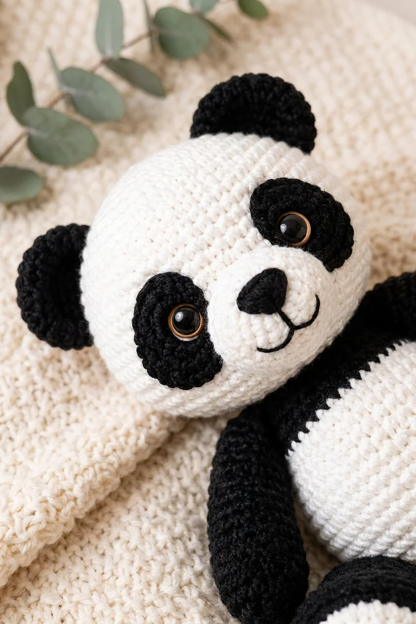 Détail du visage et de la texture du panda au crochet