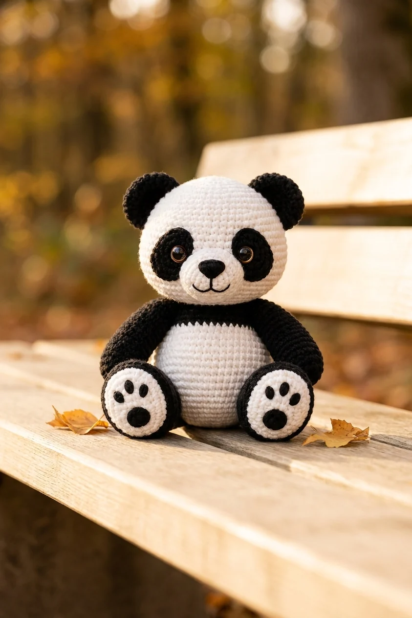 Mise en scène artisanale du panda amigurumi