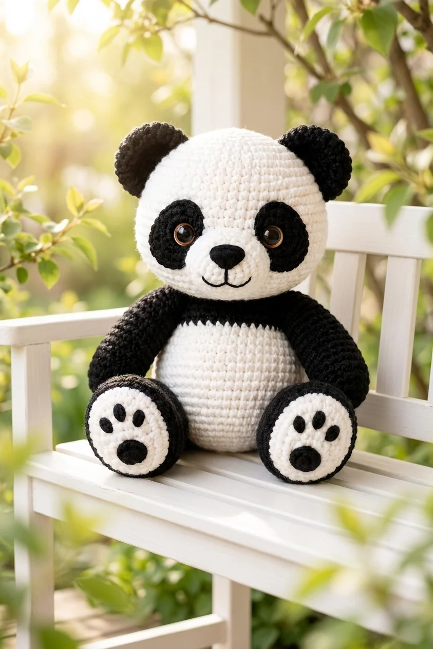panda noir et blanc au crochet noir et blanc photographié en entier