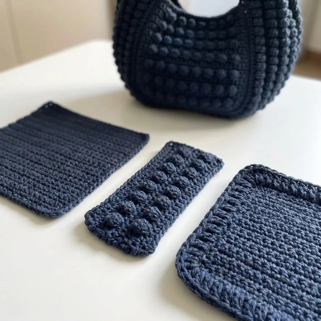 Détail des rangées de relief du sac au crochet point popcorn bleu nuit