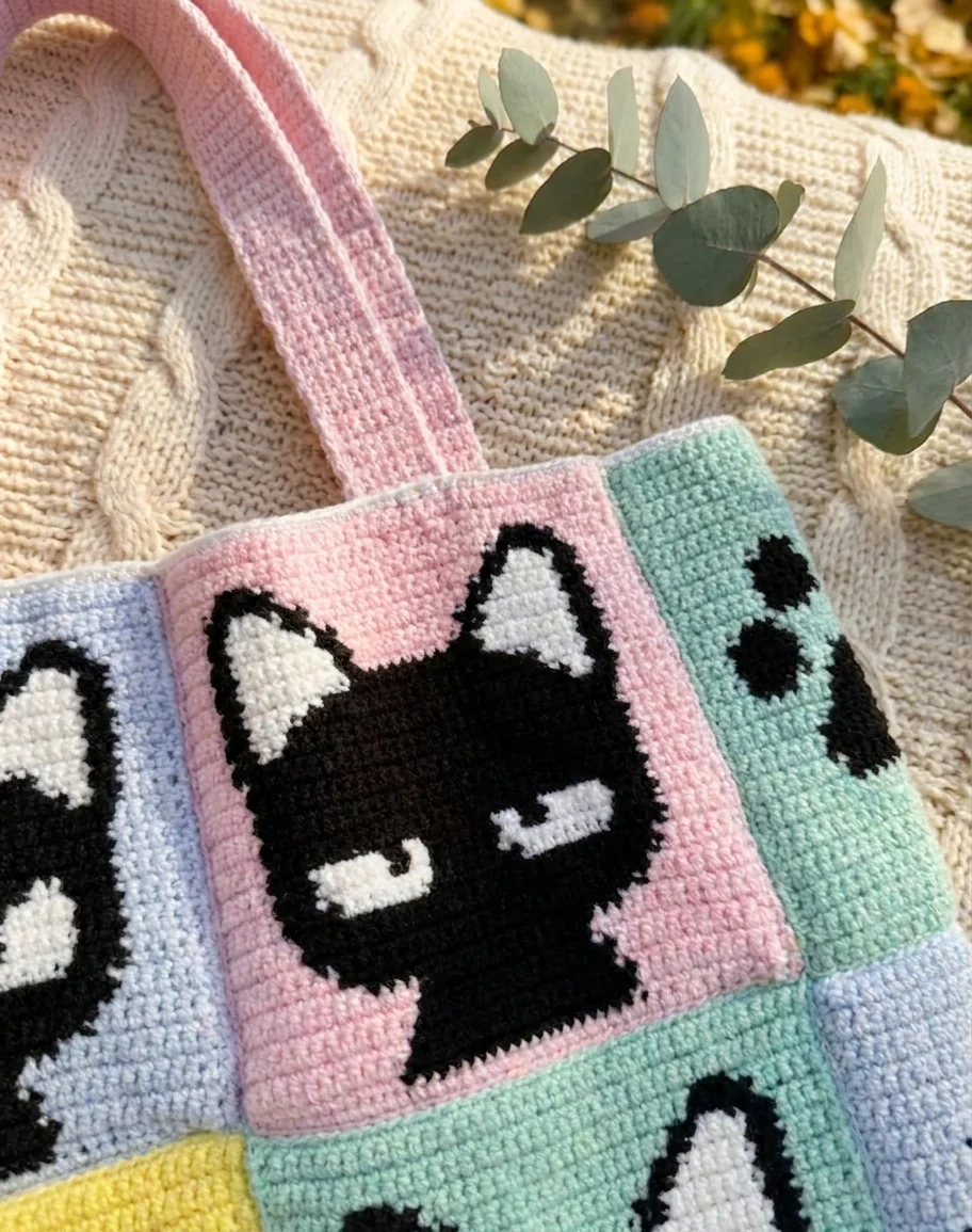 Détail des motifs de chats noirs et des panneaux pastel