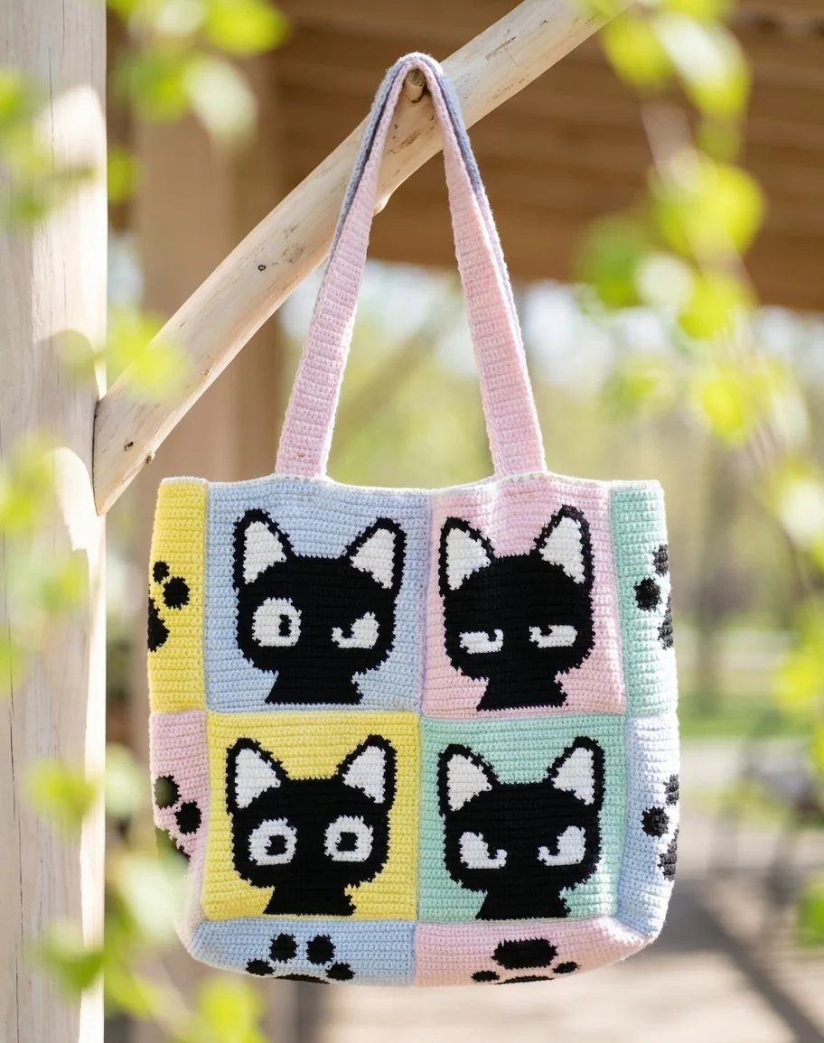 sac chats multicolore crochet multicolore avec quatre motifs de chats noirs