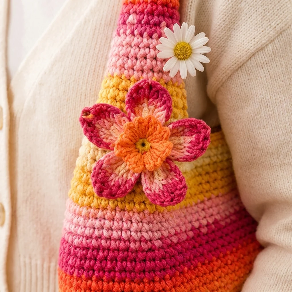 Détail des mailles rouges et de l’anse intégrée du sac crocheté