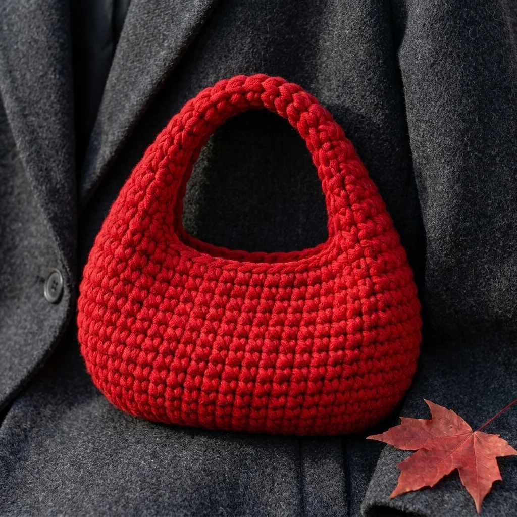 Détail des mailles rouges et de l’anse intégrée du sac crocheté
