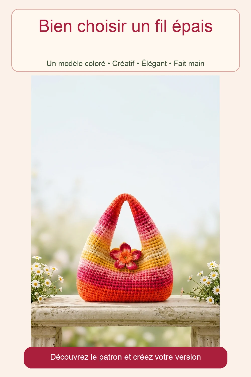 sac en fil épais au crochet présenté dans une épingle Pinterest française