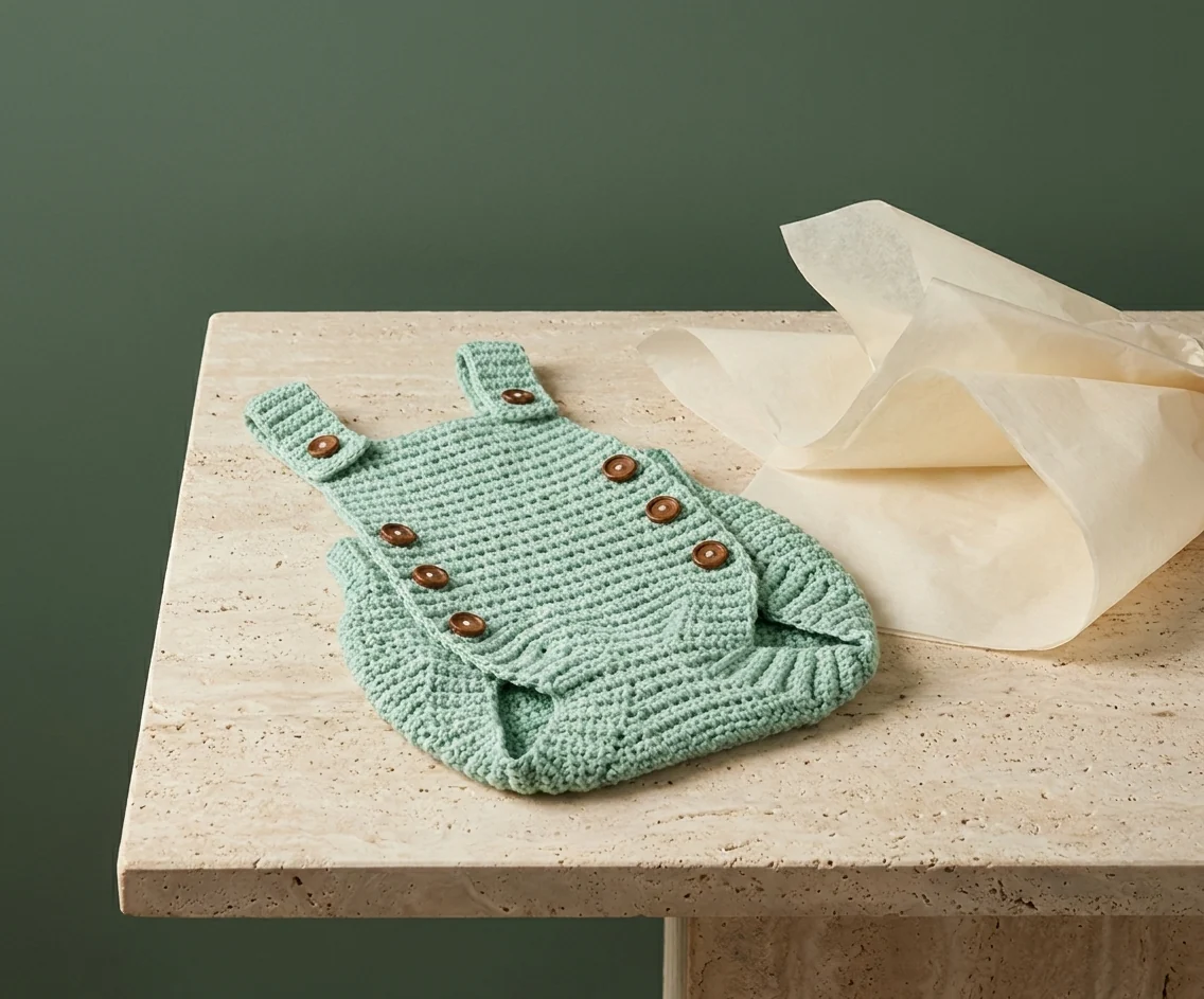 Mise en scène artisanale du vêtement bébé vert menthe