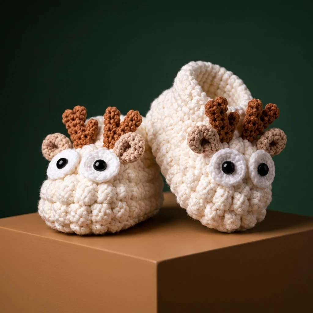 Autre vue de la paire de chaussons bébé renne au crochet