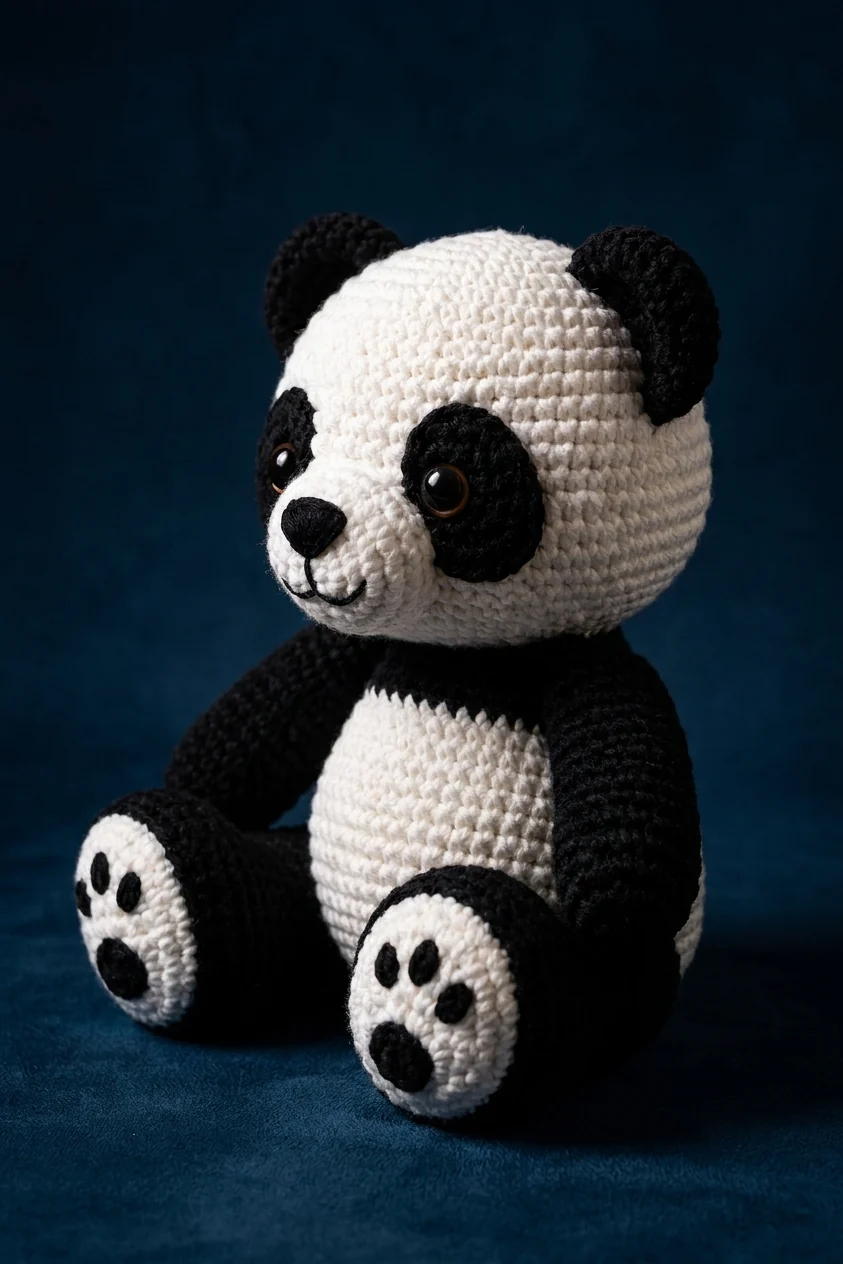 Autre angle du petit panda noir et blanc au crochet