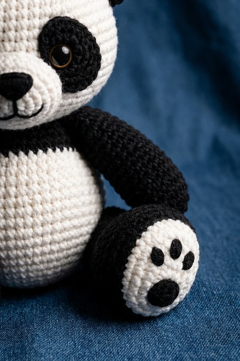 Détail du visage et de la texture du panda au crochet