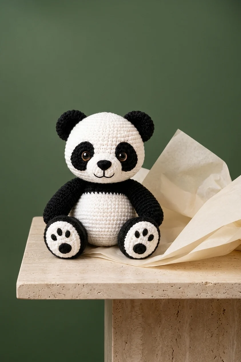 Mise en scène artisanale du panda amigurumi