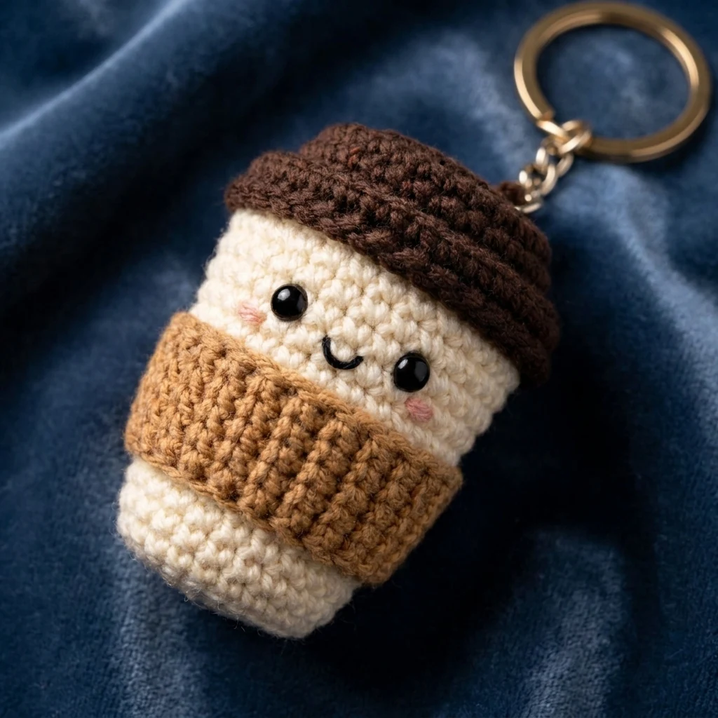 Détail du manchon et du couvercle du cadeau café au crochet