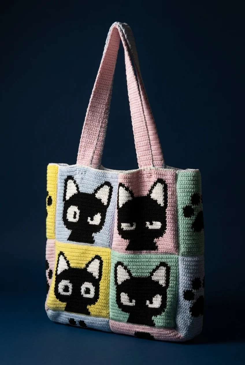 Autre angle du grand sac chat crochet aux anses roses
