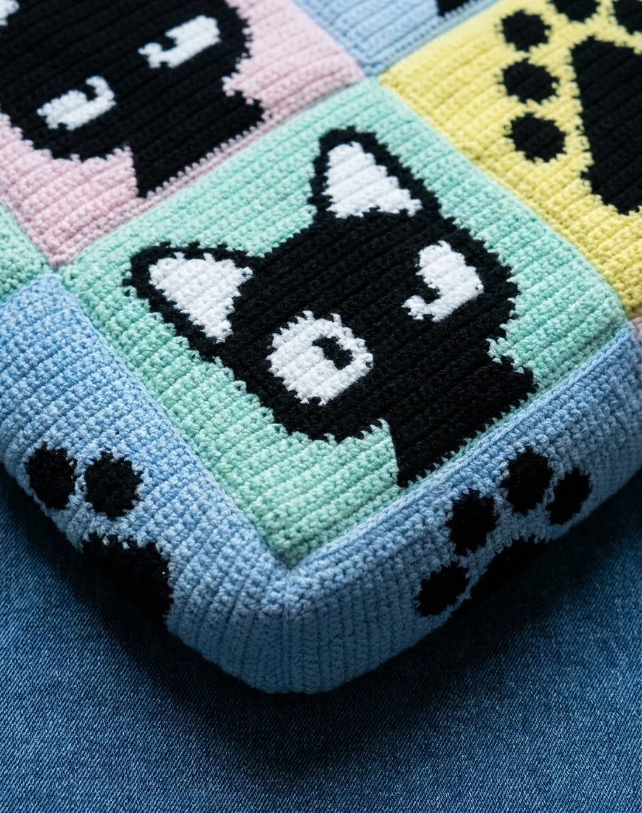 Détail des motifs de chats noirs et des panneaux pastel