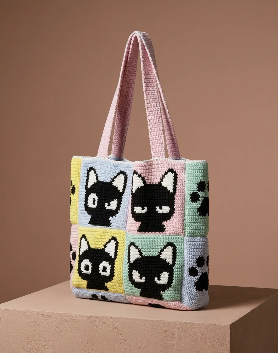 grand sac chat crochet multicolore avec quatre motifs de chats noirs