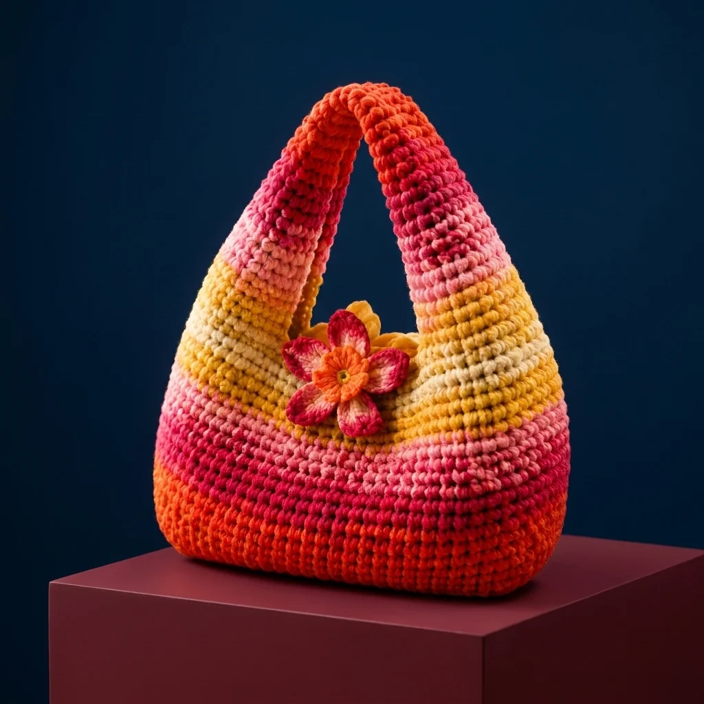Vue alternative du sac rouge arrondi avec son anse crochetée