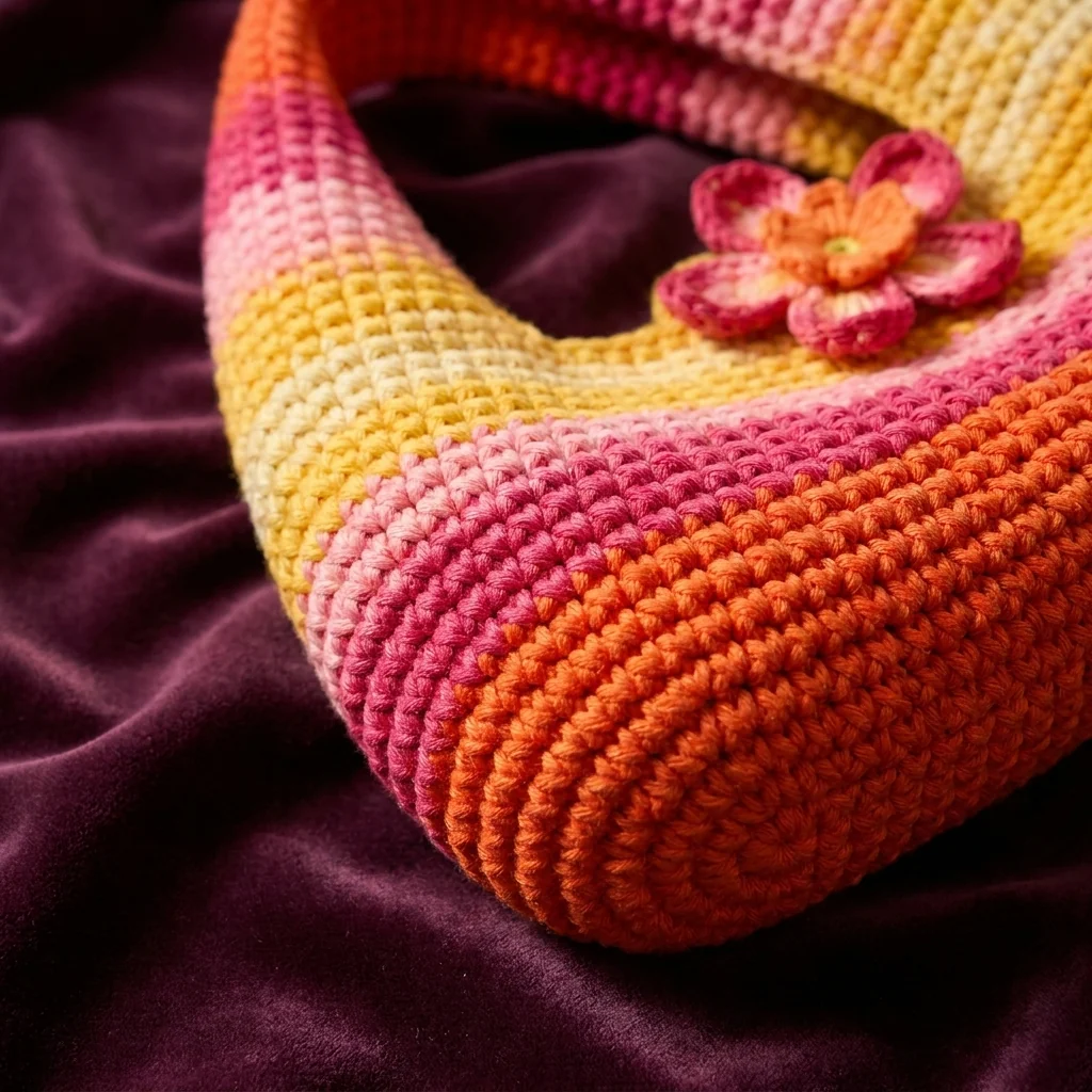 Détail des mailles rouges et de l’anse intégrée du sac crocheté
