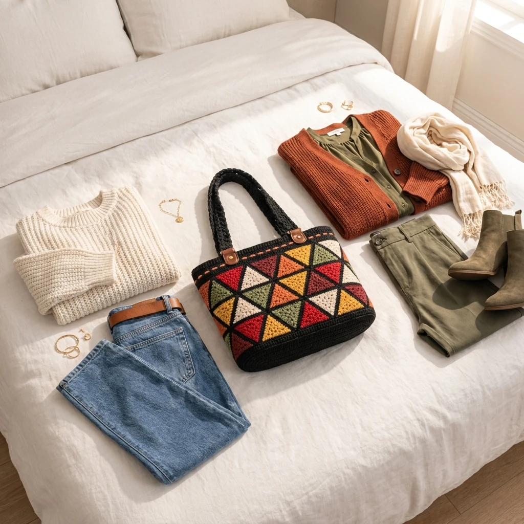 Sac totebag à triangles colorés porté dans un intérieur chaleureux