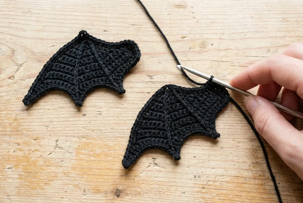 Deux ailes noires de dragon au crochet travaillées à plat en rangs