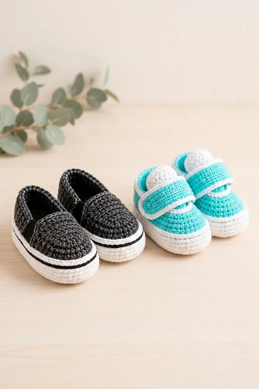 Baskets crochetées noires et blanches à côté de chaussons turquoise et blancs à brides