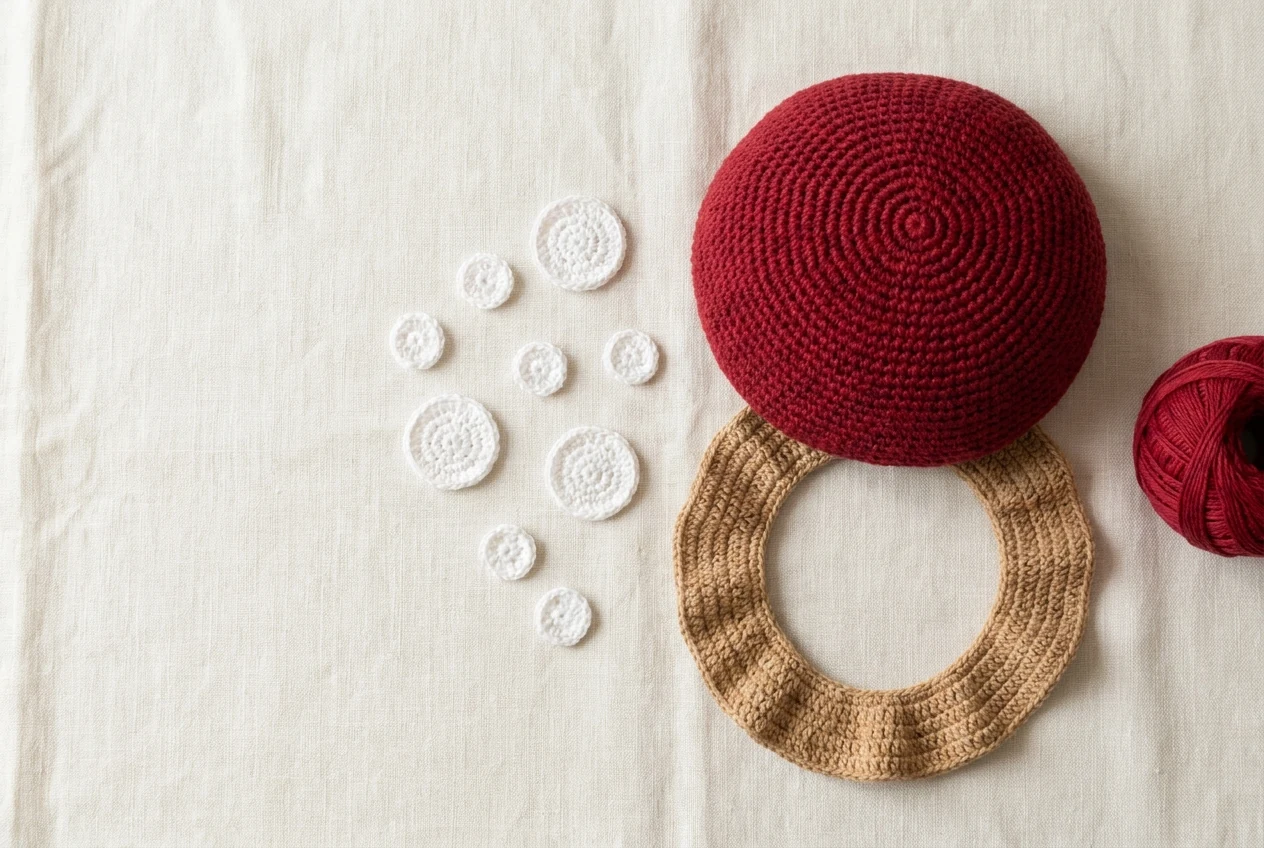 Illustration de préparation : dôme rouge, anneau ondulé clair et cercles blancs crochetés de deux formats