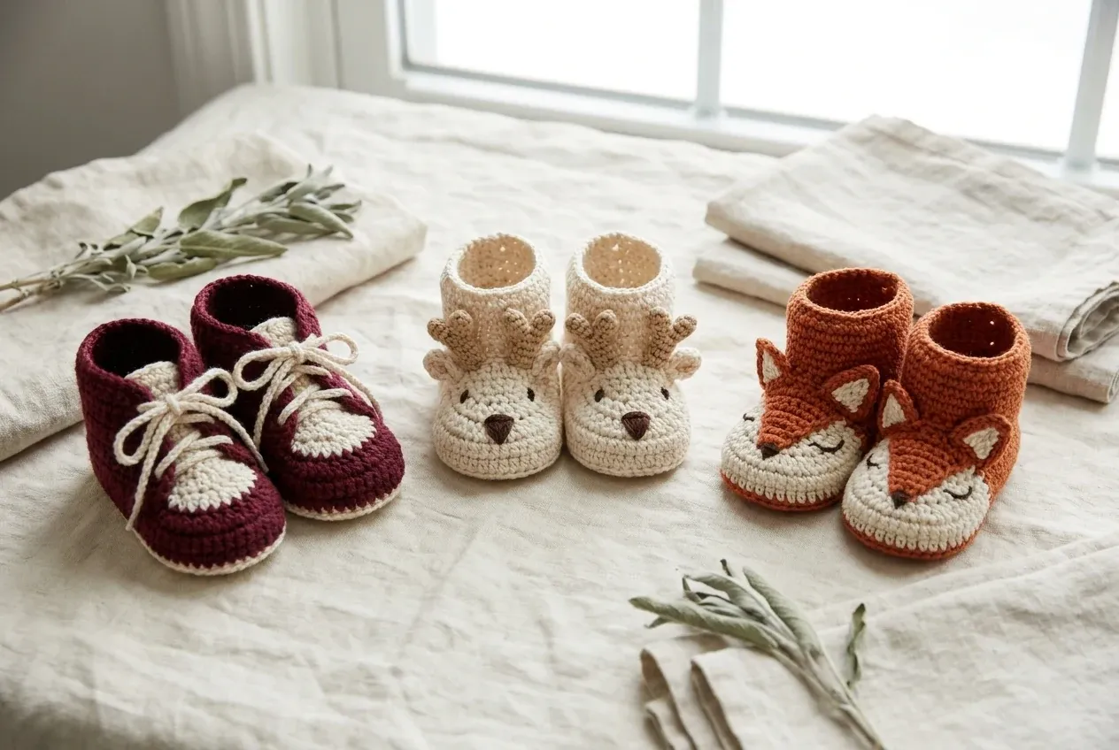 Trois paires crochetées de styles lacets, renne et renard réunies sur du lin clair