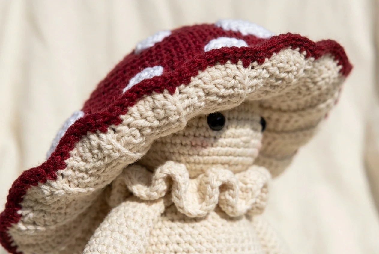 Vue rapprochée du dessous ondulé d’un chapeau rouge et de la collerette d’un personnage crocheté