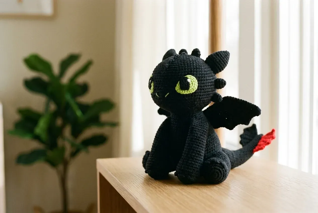 Crocheter un dragon amigurumi noir aux yeux verts terminé avec yeux vert citron et nageoire rouge