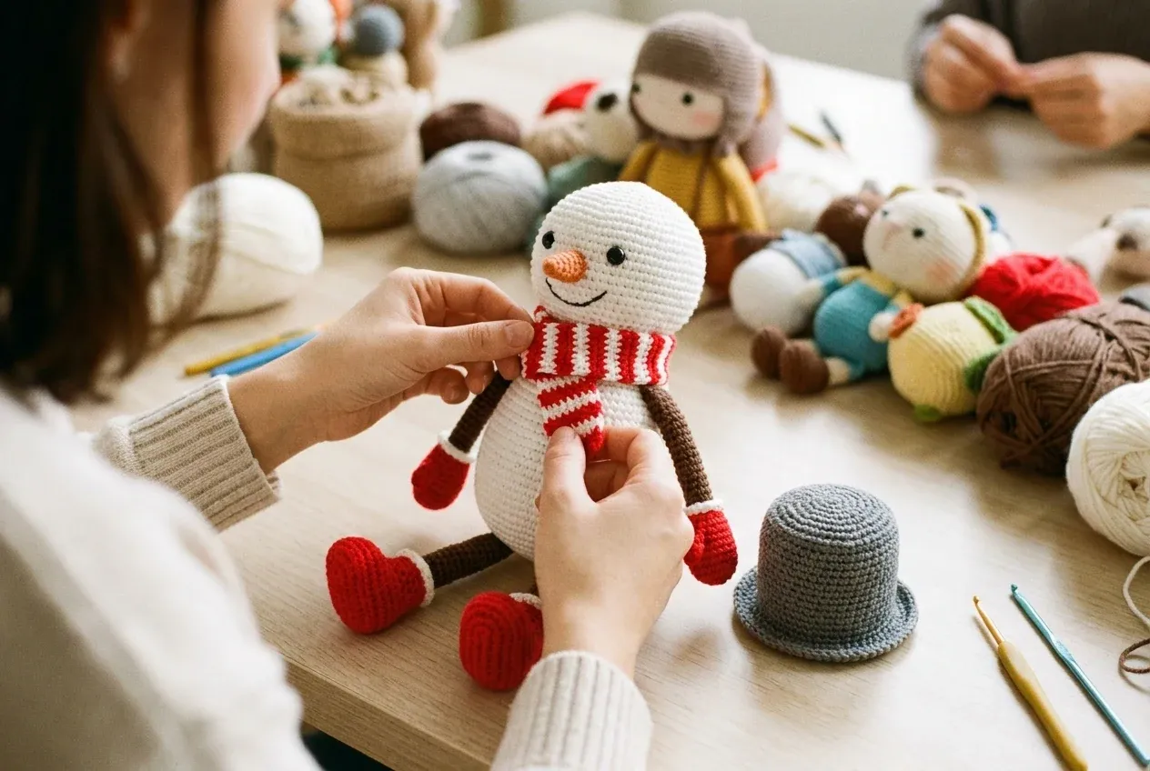 Amigurumi de Noël au crochet : bonhomme de neige avec bottes rouges, écharpe rayée et chapeau gris