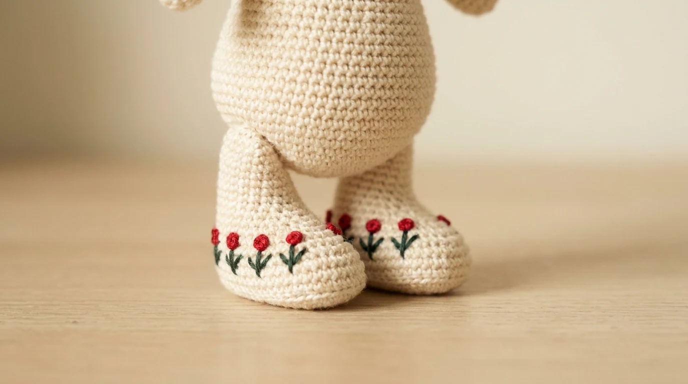 Détail illustratif de petites fleurs rouges brodées avec des tiges vertes sur des jambes crochetées crème