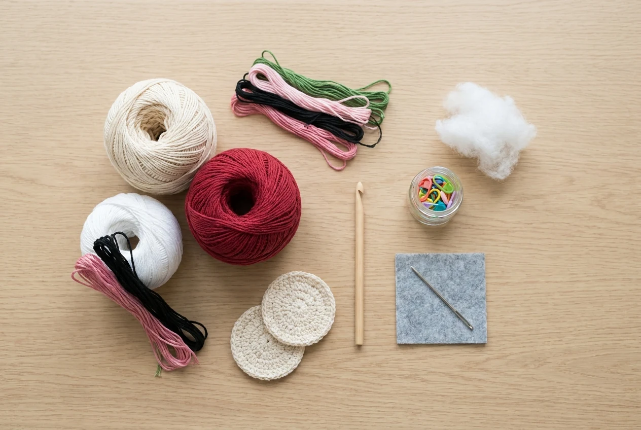Fils de coton crème, rouge et blanc avec crochet, marqueurs et rembourrage préparés sur une table
