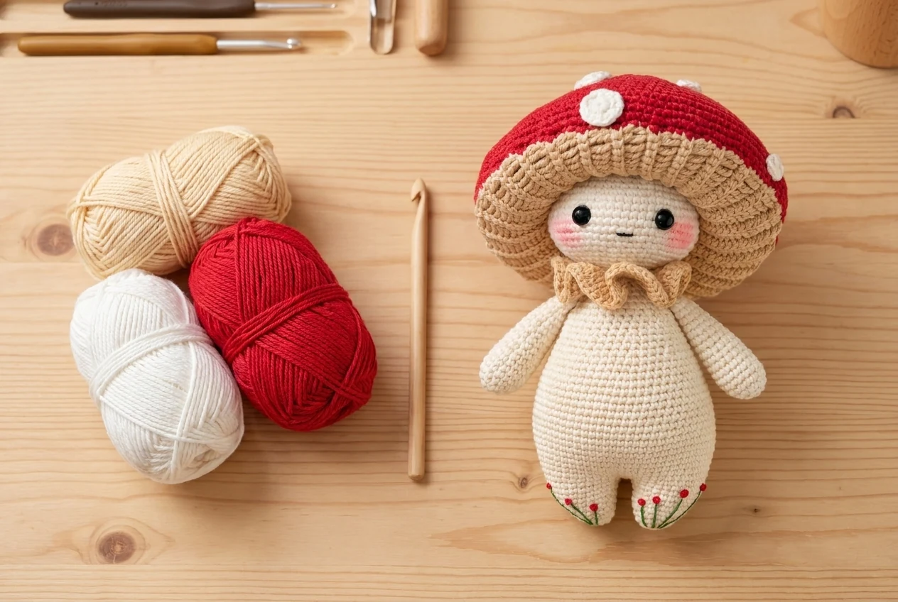 Personnage champignon fini disposé près de pelotes crème, rouge et blanche sur une table de travail