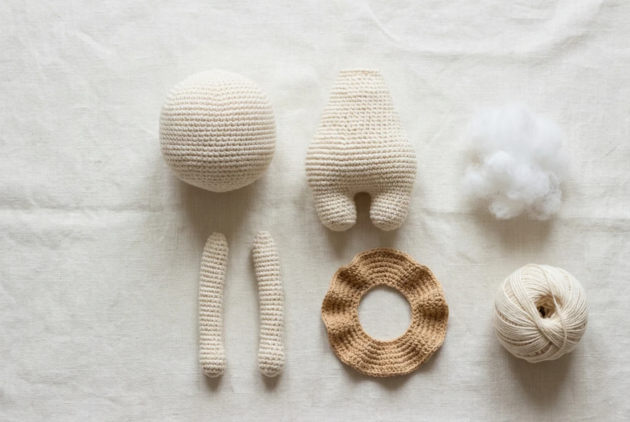 Illustration de pièces crème séparées : tête ronde, corps à deux jambes, bras et collerette