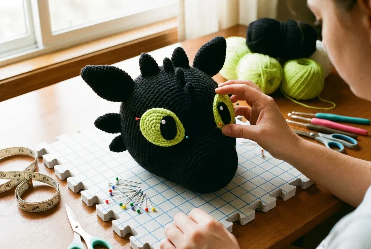 Étape réaliste de préparation du dragon amigurumi au crochet