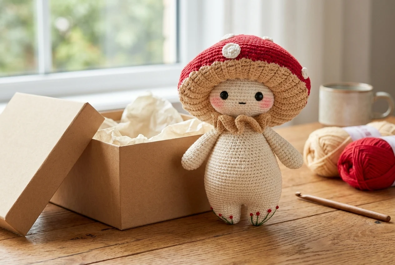 Poupée champignon crochetée à côté d’une boîte cadeau kraft ouverte et de papier de soie