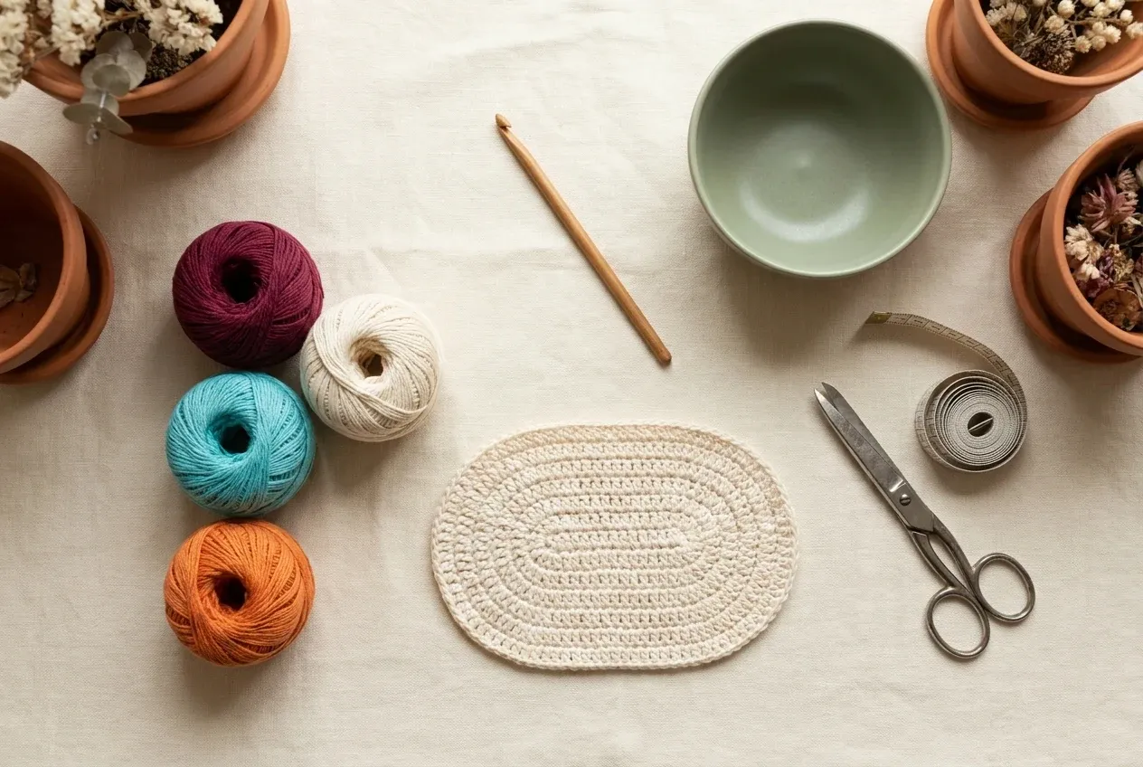 Pelotes colorées, crochet et échantillon ovale préparés sur du lin clair