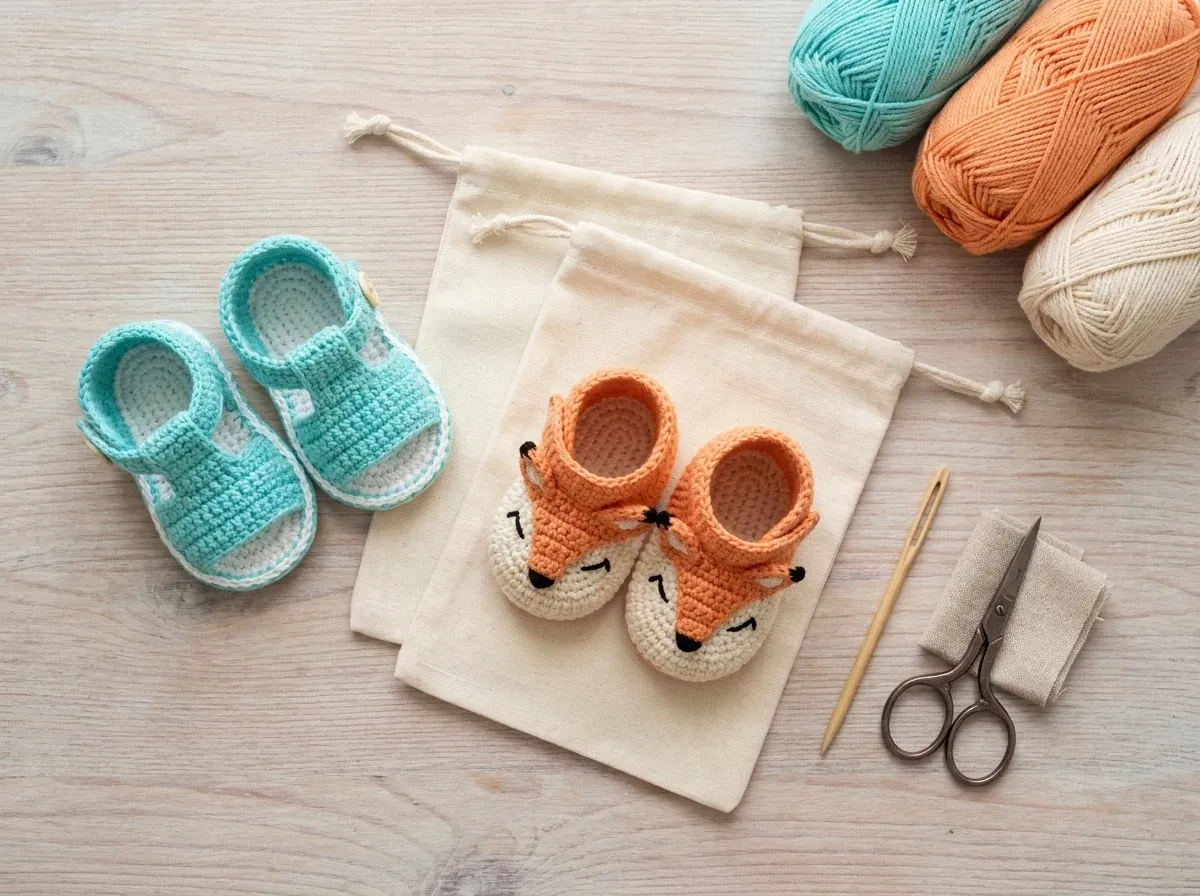 Chaussons turquoise et renard disposés près de pochettes textiles pour préparer le rangement